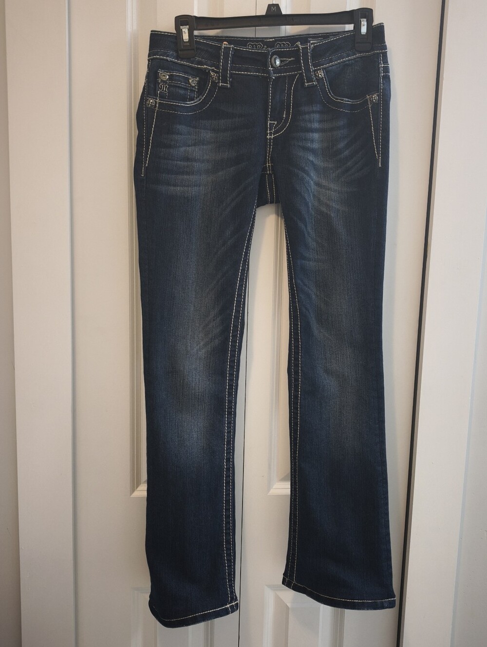 Miss Me Dark Blue Boot Cut Jeans with Contrast Stitching